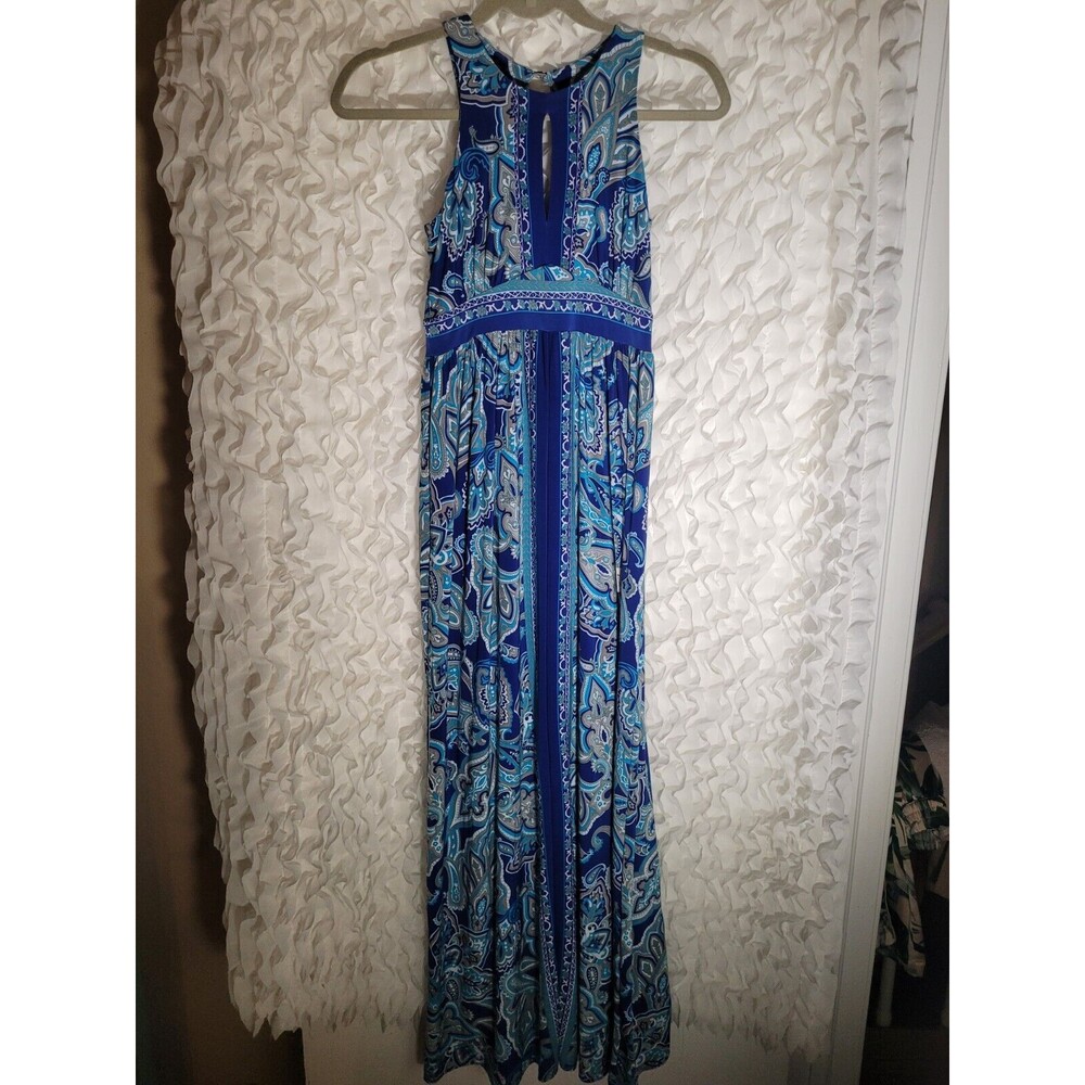💥 INC Womens Blue White Sleeveless V-Neck Printed Maxi Dress Size XS D6